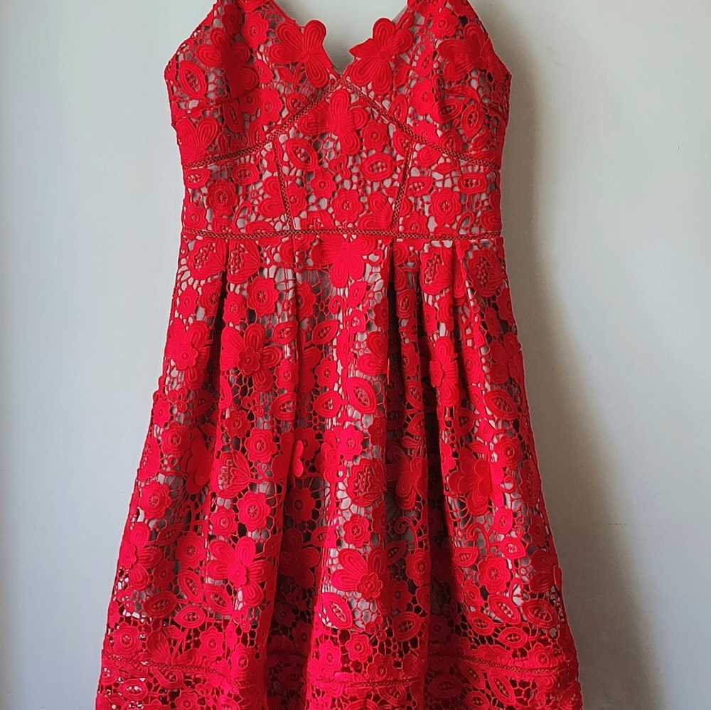 Self-Portrait Azalea Red Lace Fit & Flare Midi Dress Size 4 - Picture 11 of 16